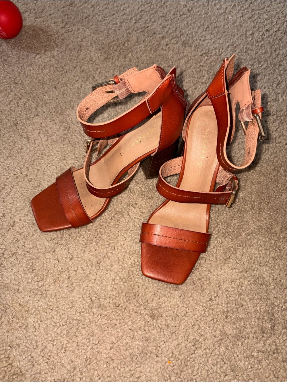 Ready for Summer-Madden Girl Brown Leather Block Heel Sandals with Ankle Buckles - Picture 2 of 7